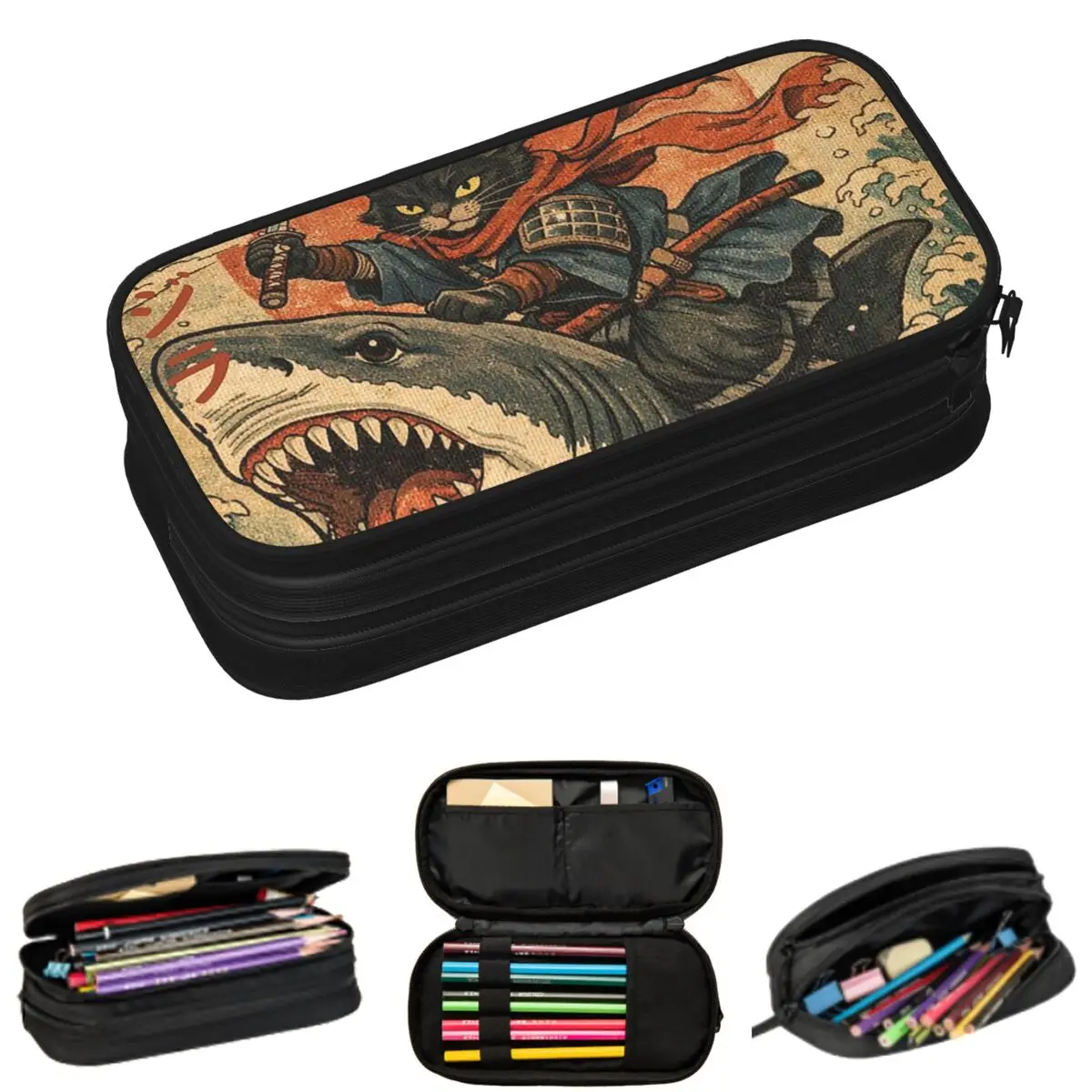 

A Cat Riding A Shark On The Sea Pencil Cases for Student Gifts Pen Box Pencil Bag Large Capacity Pencil Pouch
