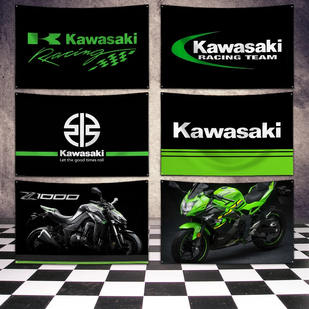 Ft Motorcycle Racing Flag Polyester Printing Banner for Garage Wall Art K-Kawasakies Out Door Decoration With Brass Grommets