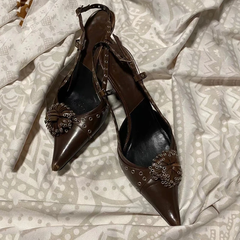 

Женские туфли на высоком каблуке, коричневые туфли-лодочки с острым носком, летний сезон