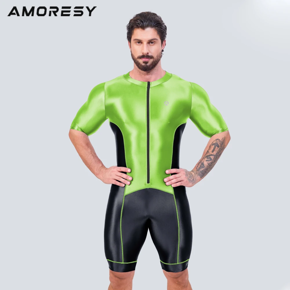 AMORESY-traje de gato satinado brillante para hombre, monos de media manga para nadar y correr, chándales de ciclismo de carreras, monos de Fitness