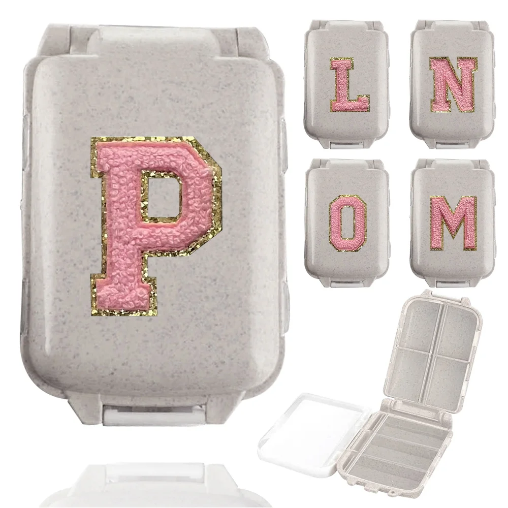 

Portable Pink Letter Embroidered Logo Pattern Folding Pocket with Lock Medicine Box 8-cell Vertical Medicine Storage Box