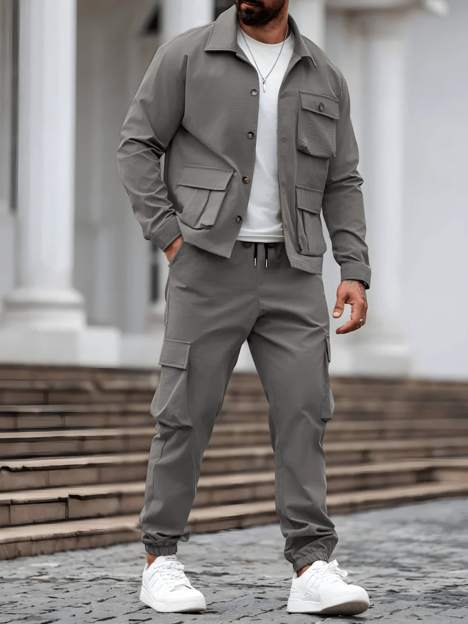 American retro 2026 men's multi pocket jacket windbreaker jacket workwear jacket set