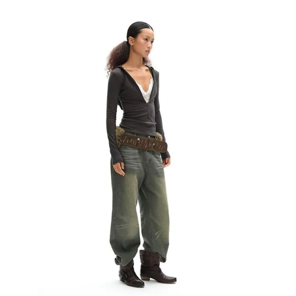 Hip Hop Retro Leather Belt Y2K Hand-Sewn Waist Cincher Hook Closure Fur Belt Women Fashion Waistband Decor
