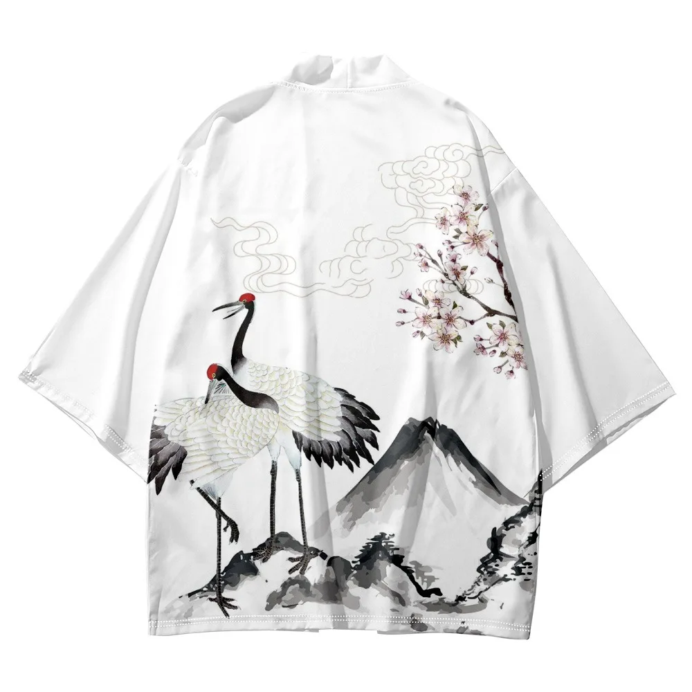 

Cardigan Women Men Obi Yukata Haori Kimono Japanese White Crane Print Coat Traditional Clothing