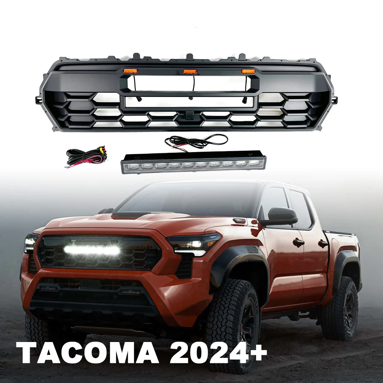 New Arrival ABS Mesh Style ABS Car Grills for Tacoma 2024 4th Gen TRD PRO Front Grills with LED Bar Lights Euro Car Parts