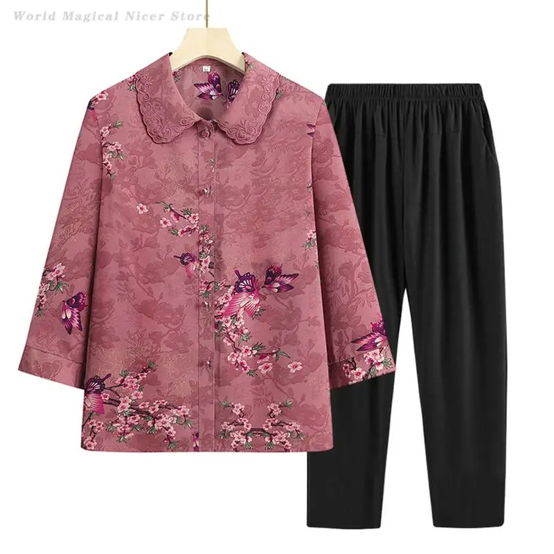 Plus Size 5XL Vintage Print Hanfu Tang Costume Middle-Aged and Elderly Shirt Pants Set Grandma Tang Blouses Loose Casual Outfit