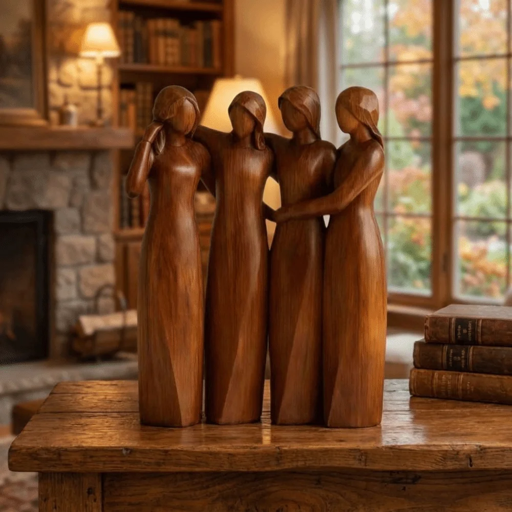 Resin Sisters Figurine Realistic Natural Texture Friendship Sculpture Cartoon Imitation Wood-carved Ornament Office