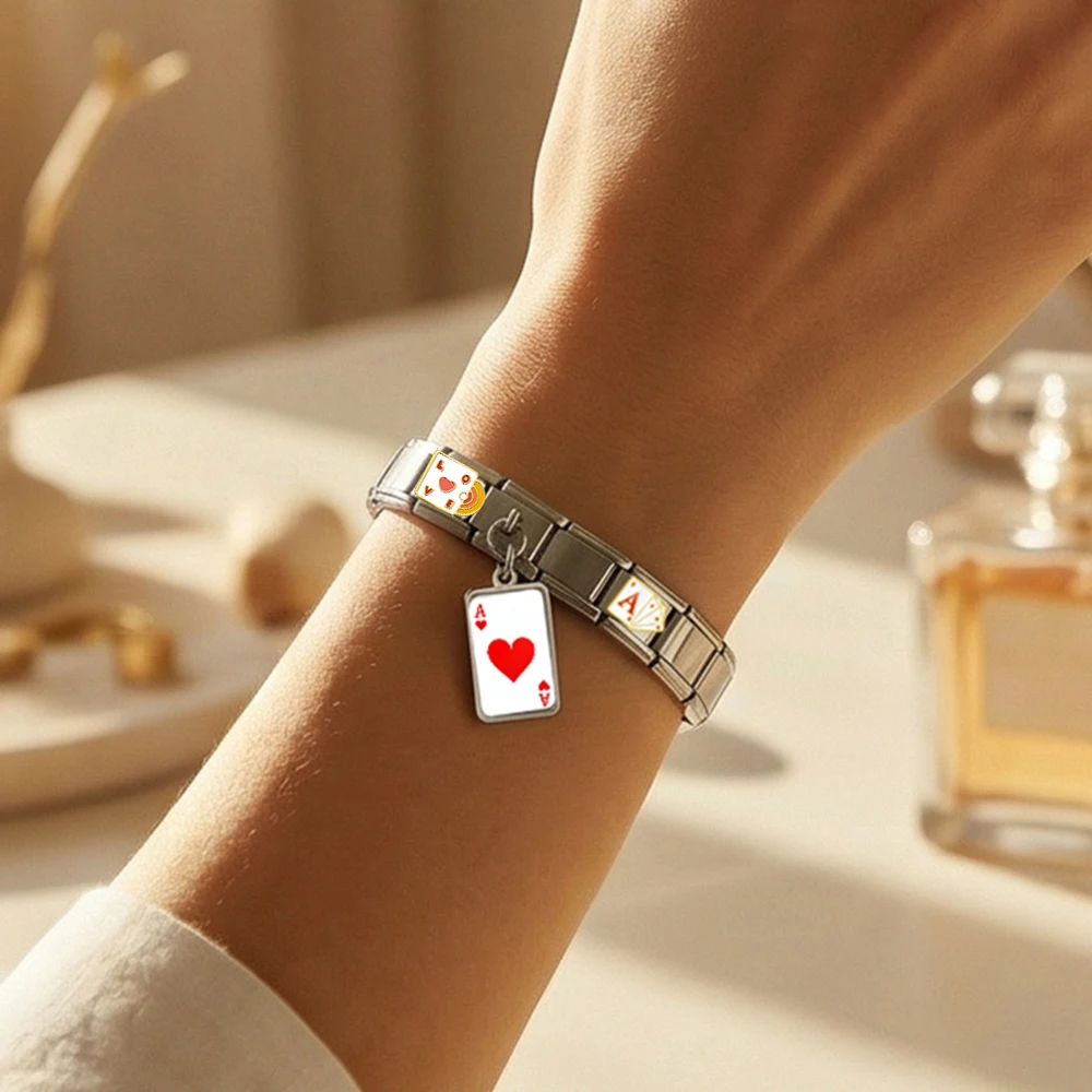 URING Fashion Bunte Poker-Serie Edelstahl DIY Schmuckanhänger Italienische Gliederkette Passend für 9mm Charm-Armbänder Großhandel – Detail 6