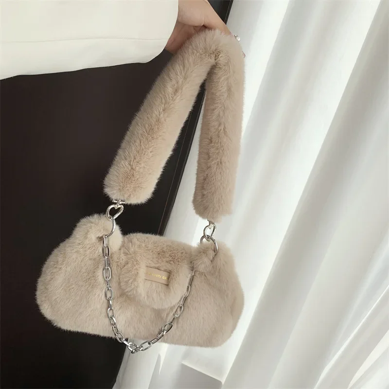 Fashion Solid Color Fake Fur Women\'s Shoulder Bag Sweet Luxury Plush Ladies Armpit Bags Simple New Chain Female Handbag Purse