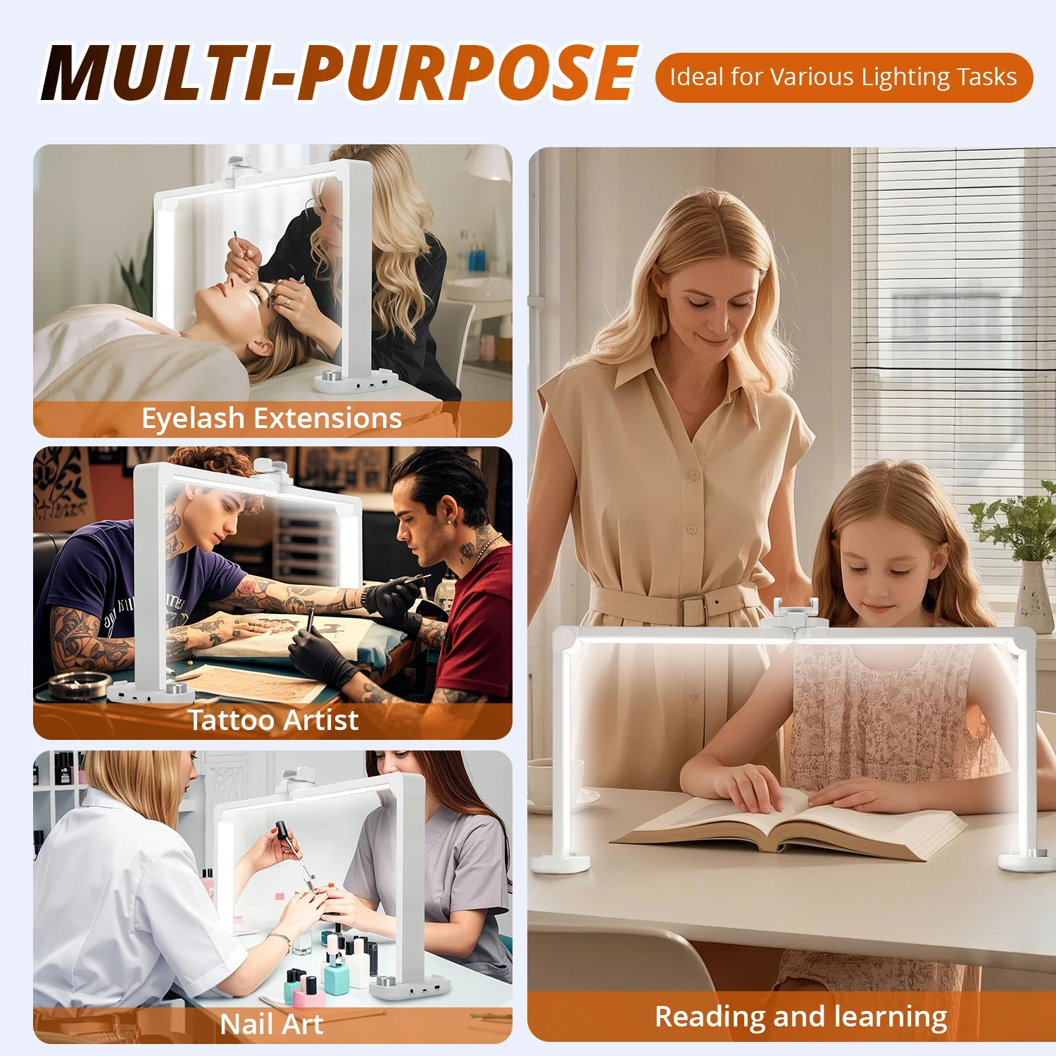 네일 속눈썹 연장을위한 하프 문 LED 램프 문신 접이식 디밍 따뜻한/흰색 독서 뷰티 데스크 램프 (전화 클립 포함)
