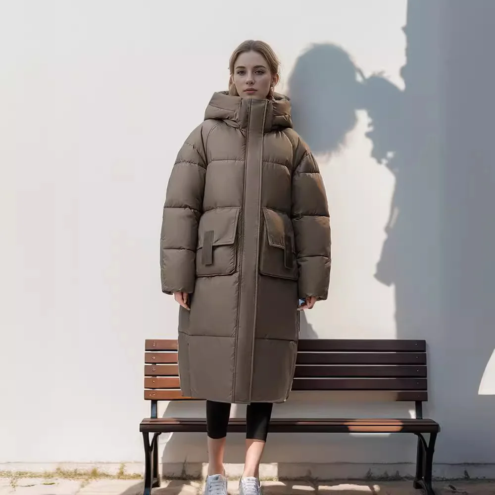 فضفاضة المرأة الركبة طول مقنعين طويلة الأكمام معطف القطن الدافئ 2025 الإناث الشتاء سترة عادية مقنع 2 جيب سترة قطن
