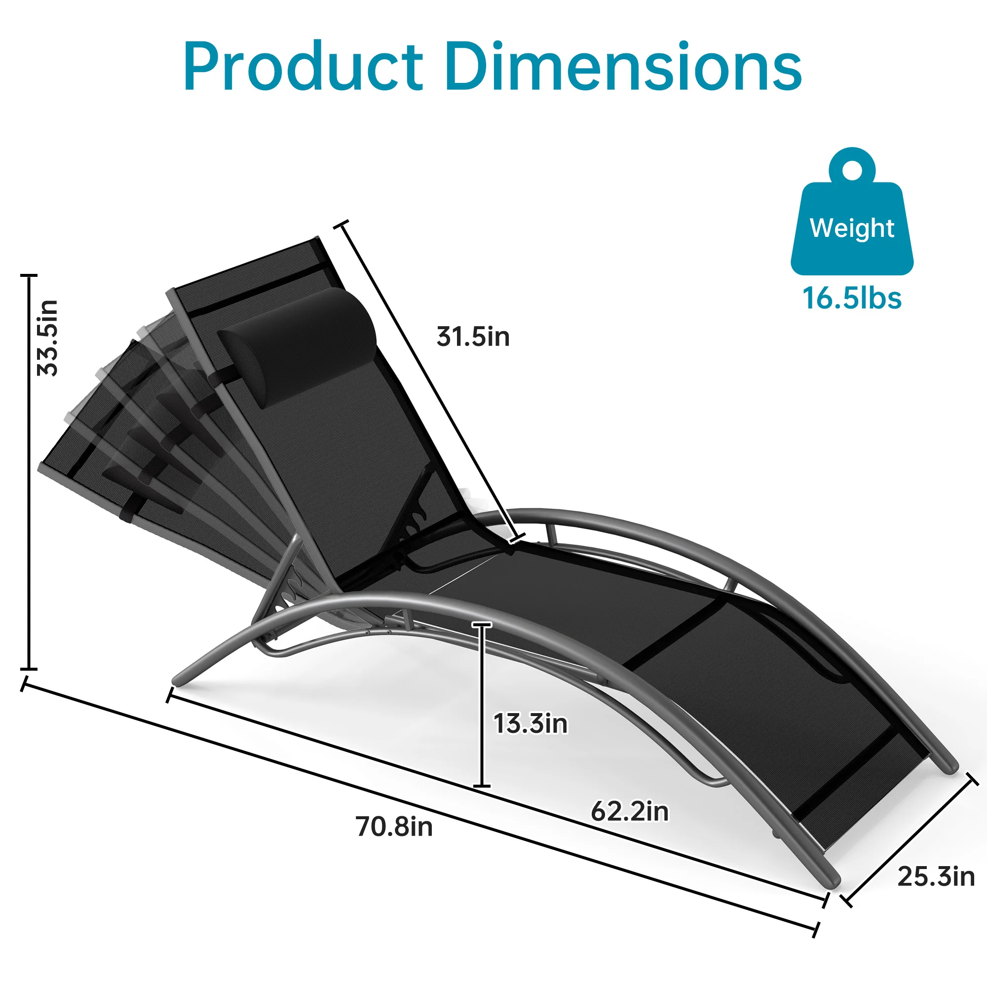 Ergonomic Adjustable 5-Position Outdoor Chaise Lounge Chair with Headrest Powder-Coated Aluminum Frame Breathable Teslin Fabric Stackable for Patio Pool Beach Lawn