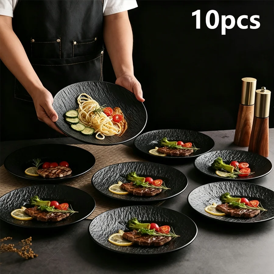10pcs Rock-textured Shallow Plate, Reusable Main Dish, Sturdy and Not Easily Broken, Textured Embossed Design Pasta Plate - Suit