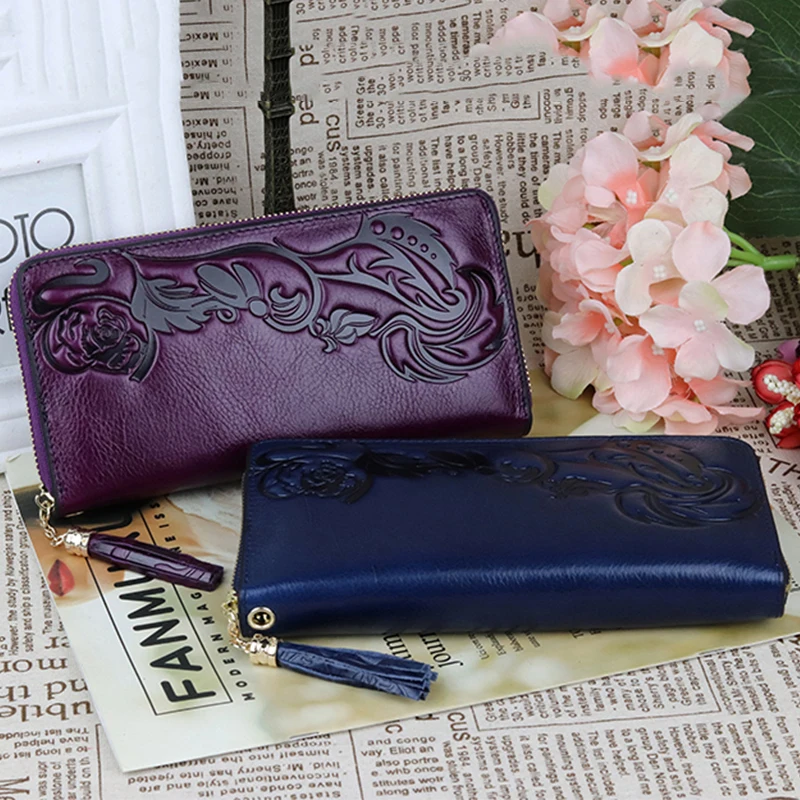 Genuine Real Leather Flower Green/Blue/Red Lady Long Purses Luxury DesignWomen Phone Money Clutches Girl Passport Card Holder