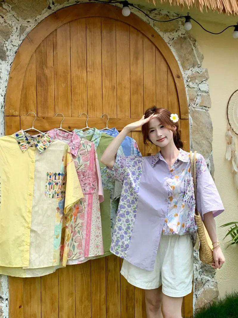 

Retro Color Block Floral Loose Sleeveless Shirt Women's Summer Atmosphere Elegant Dopaamine Five-Button Upper Body
