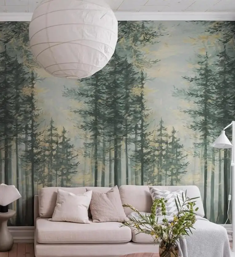 Custom Mural Wallpaper Oil painting of Pine Forest Landscape Living Room Bedroom Self-Adhesive Waterproof Papel De Parede