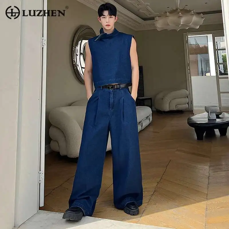 LUZHEN 2025 Spring Trendy High Street Stand Neck Sleeveless Vest Korean Loose Straight Jeans Men\'s Two-piece Sets Denim 2ca7bc