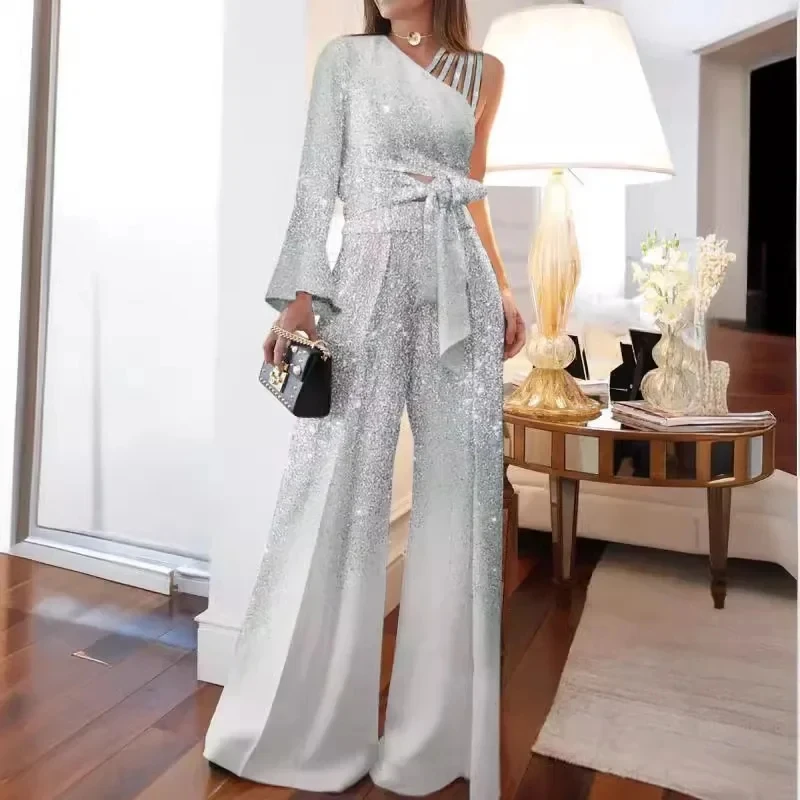 Elegant Two 2 Piece Sets Women Outfits Off-the-shoulder Sequin Tops and High-waisted Plus-size Wide-leg Pants Set Women's Set