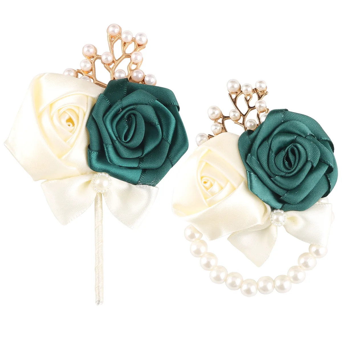 "Premium" Luxury Dark Green Rose Wedding Corsage & BoutonniereSet For Bride Groom And Guests - Perfect For Weddings And Proms