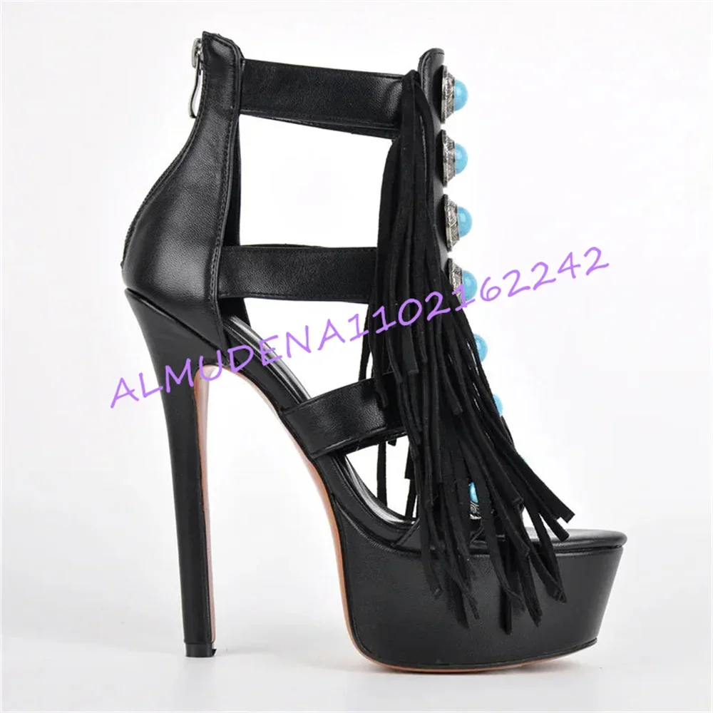 Women Western Turquoise Decor Fringe Platform Ankle Sandals Open Toe Cutout Stiletto High Heel Back Zipper Cowboy Dress Footwear