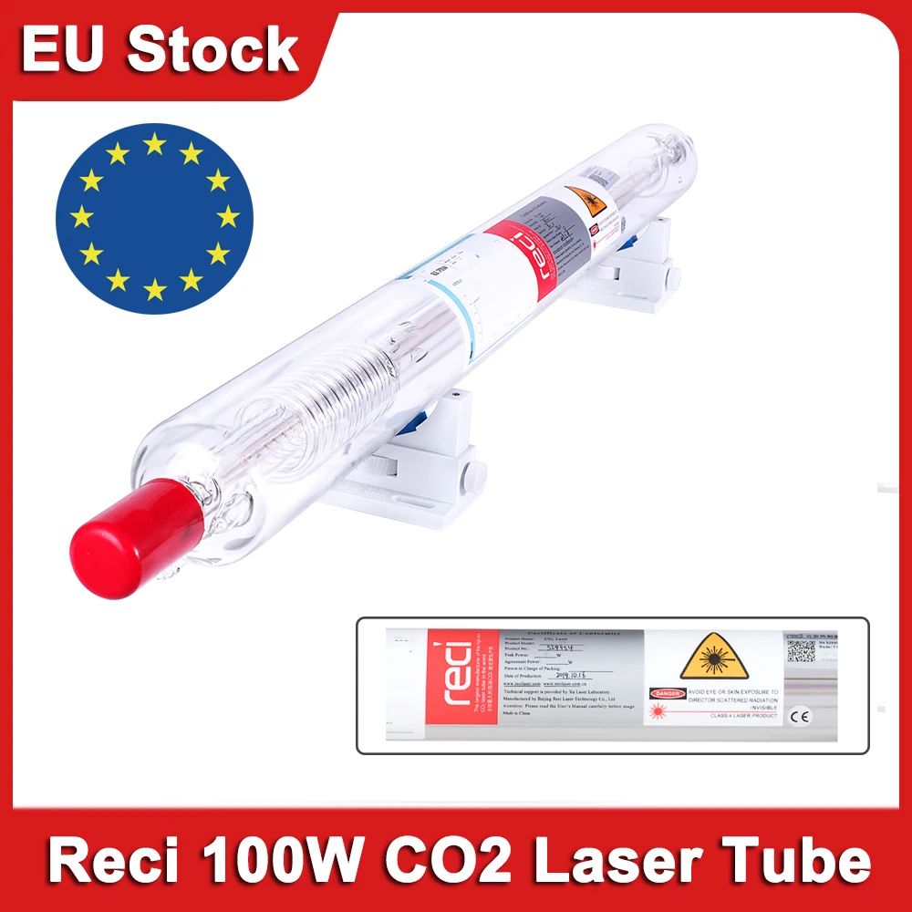 Tubo láser de CO2 Reci W2 de 100W, diámetro de 80mm/65mm, embalaje de caja de madera, máquina cortadora de grabado láser de CO2, tubo láser para carpintería, Stock de la UE