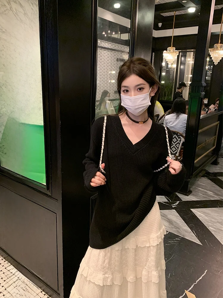 

Hhi V-ne Knitted Base Layer Slim Fit Long Sve Bla Top Outerwear Commute Sle Polyester Cotton Blend Regular Sve