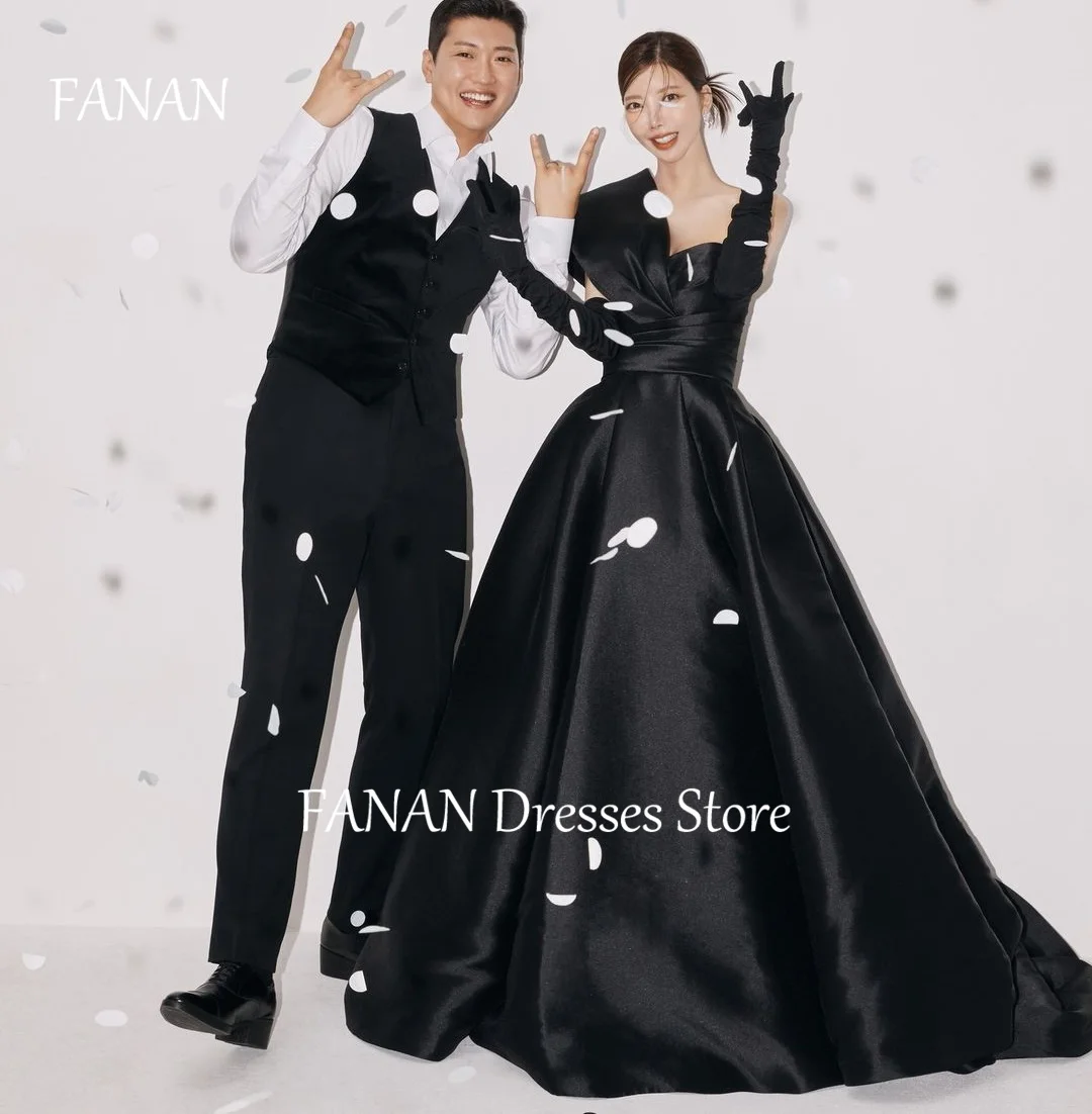 

FANAN Satin One-Shoulder Evening Party Dresses Korea Black A-Line Elegant Simple Wedding Women Formal Gowns Event Prom Gowns