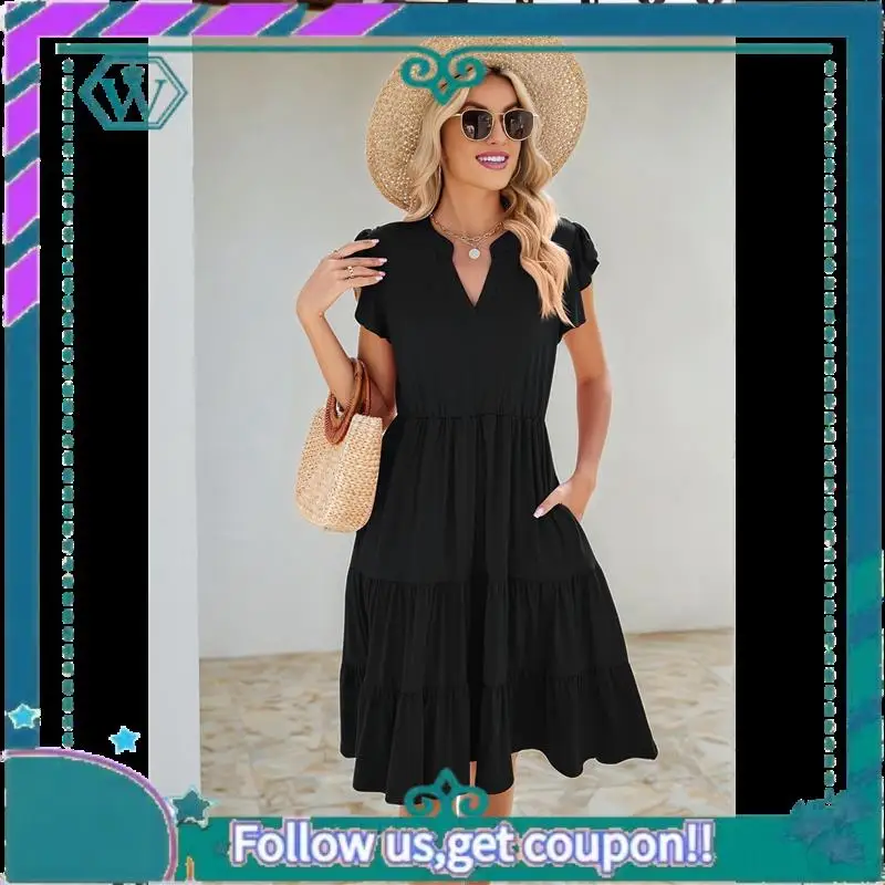 A09P Vestido feminino de verão com babados, manga com decote em V, vestidos midi, moda casual, ajuste flowy, em camadas, boho, praia