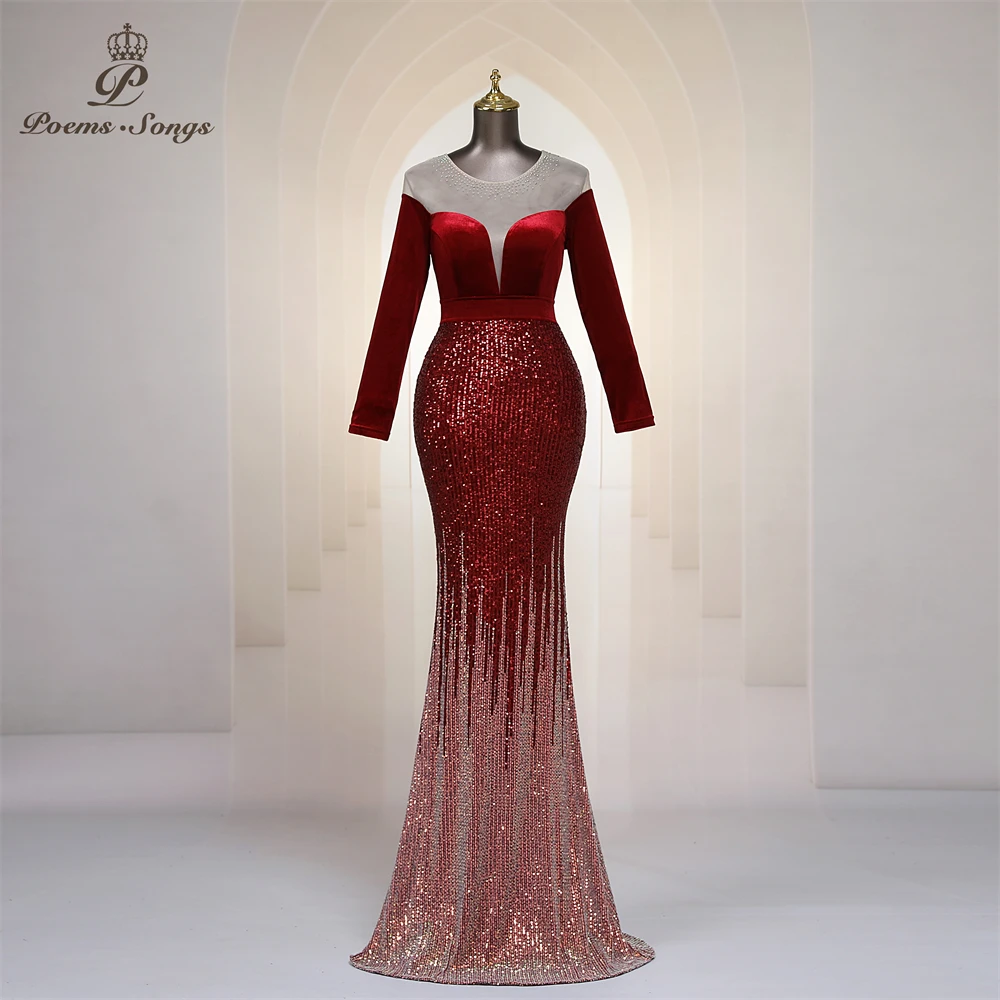 

Luxury Heavily Beaded Evening Dress Formal Long Sleeves Mermaid Sheer Neck Burgundy Velvet Women Trumpet Prom Dresses Party