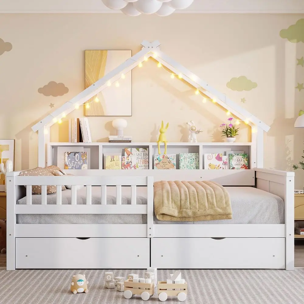 

Full-Size Wooden Bed with Storage Drawers, LED Daybed, Shelves, and Safety Rails for Kids in White