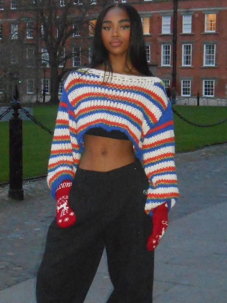 

Whatiwear Contrast Stripe Crochet Sweater Women Autumn Trend o-Neck Full Sleeve Navel Exposed High Street Style Fashion Pullover