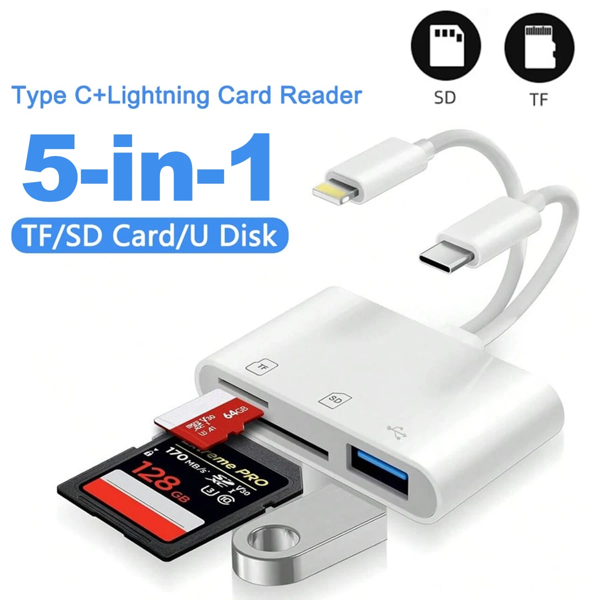yZ[z5-in-1 Card Reader Lightning /Type C to USB 3.0/SD/TF Card Adapter, Memory Card Reader for iPhone iPad MacBook Samsung Android