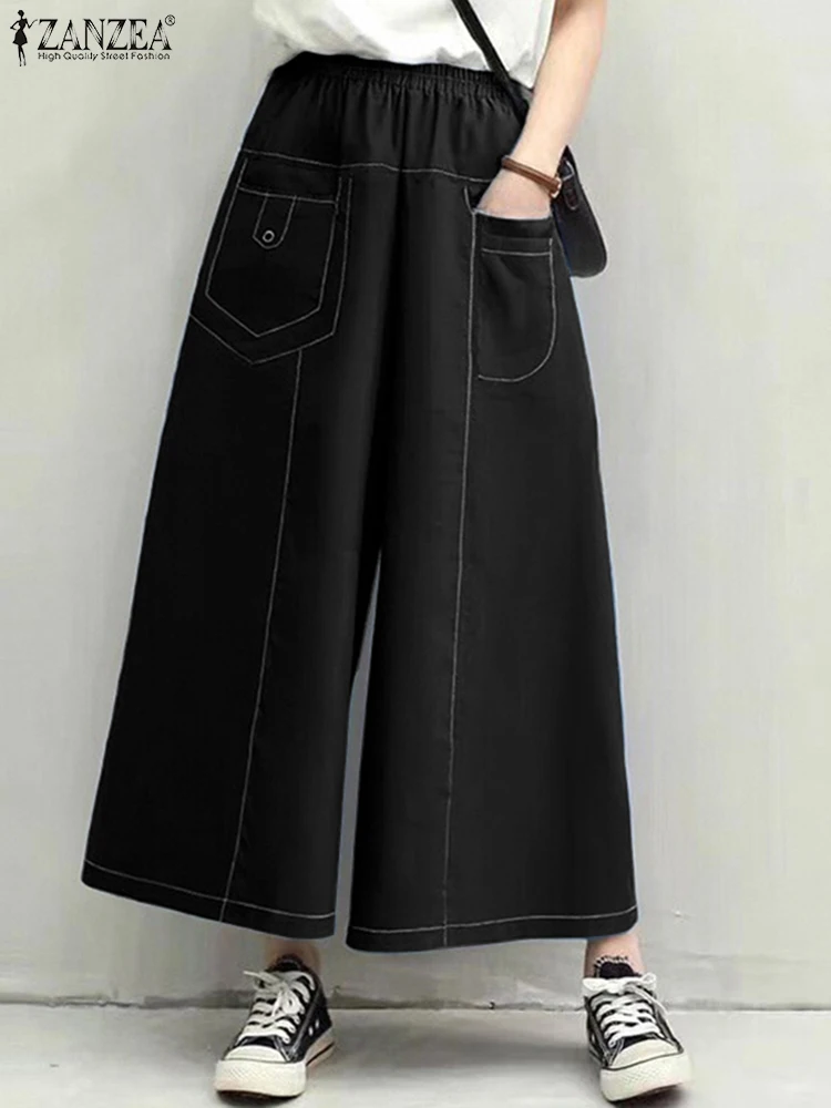 ZANZEA Herbst Breite Bein Hosen 2025, Frauen Elegante Mode Lässig Lose Einfarbig Lange Hosen Hohe Taille Vintage Hosen Übergroßen
