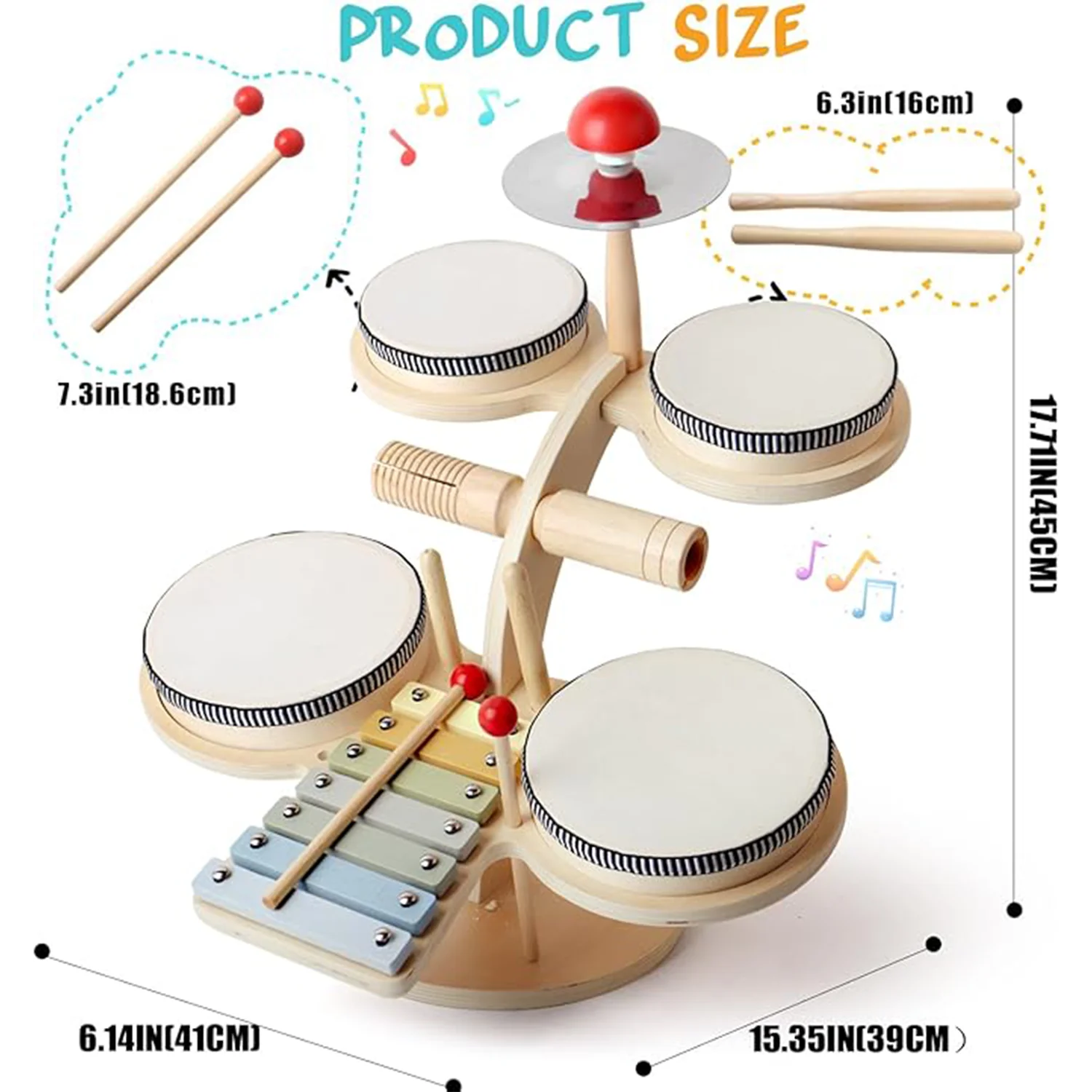 Kids Drum Set for Toddlers, Wooden Xylophone & Musical Instruments Kit, 8 in 1 Wooden Xylophone Musical, Montessori Toys for Boy