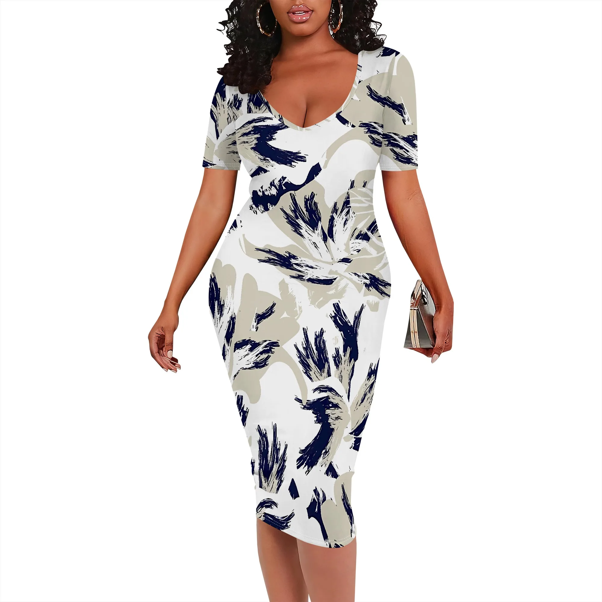 EQQZD 夏カジュアル半袖ドレス、エレガントな女性のリーフプリント V ネックボディコンドレス、ボヘミアンファッション膝丈ドレス
