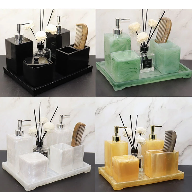 Imitation Jade Bathroom Accessories Set Portable Soap Dispenser Toothpaste Holder Mouth Cup Storage Tray Resin Bath Supplies