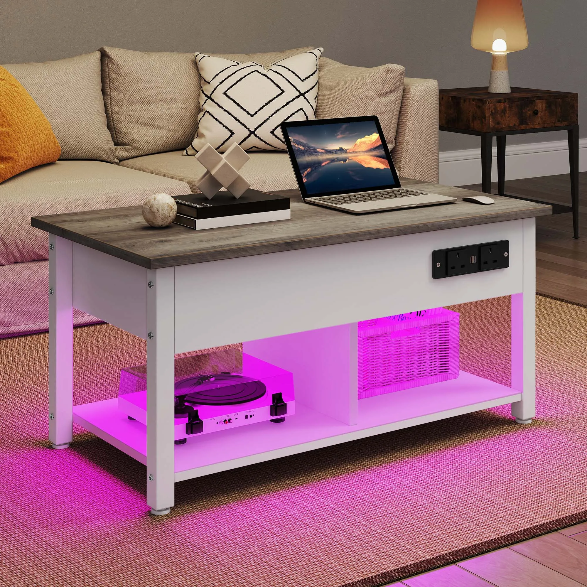 YITAHOME White & Grey Lift i Top Coffee Table  i  Adjustable Height with 2 i Tier Storage Hidden Compartment LED Lights & Outlets