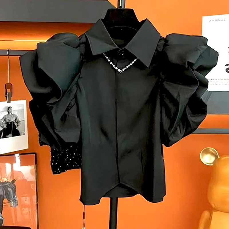 

Women's Lapel French Shirts Blusas Mujer Loose Blouse White Roupas Femininas New Lantern Sleeve Slim Fit Black Shirt Top