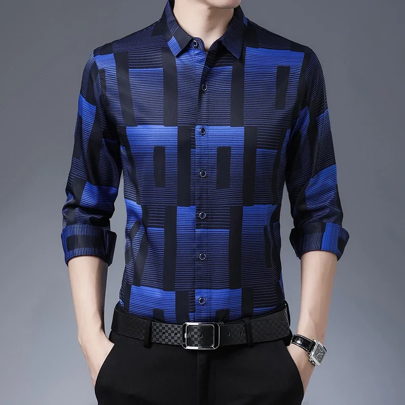 New Men's Casual Printed Long Sleeved Lapel Shirt for Spring and Autumn Fashion Comfortable Wrinkle Free Top Without Ironing