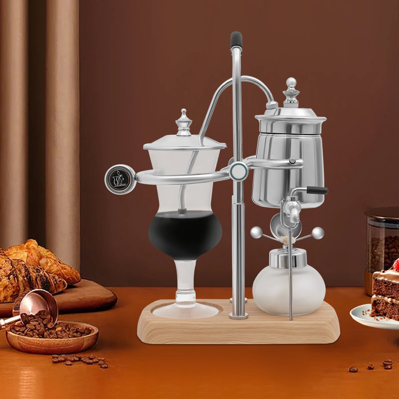 

Siphon Coffee Maker with 180° Faucet Vintage Silver Coffee Pot Vacuum Brewing Siphon Pot Coffeeware Glass Utensil for Home Cafes