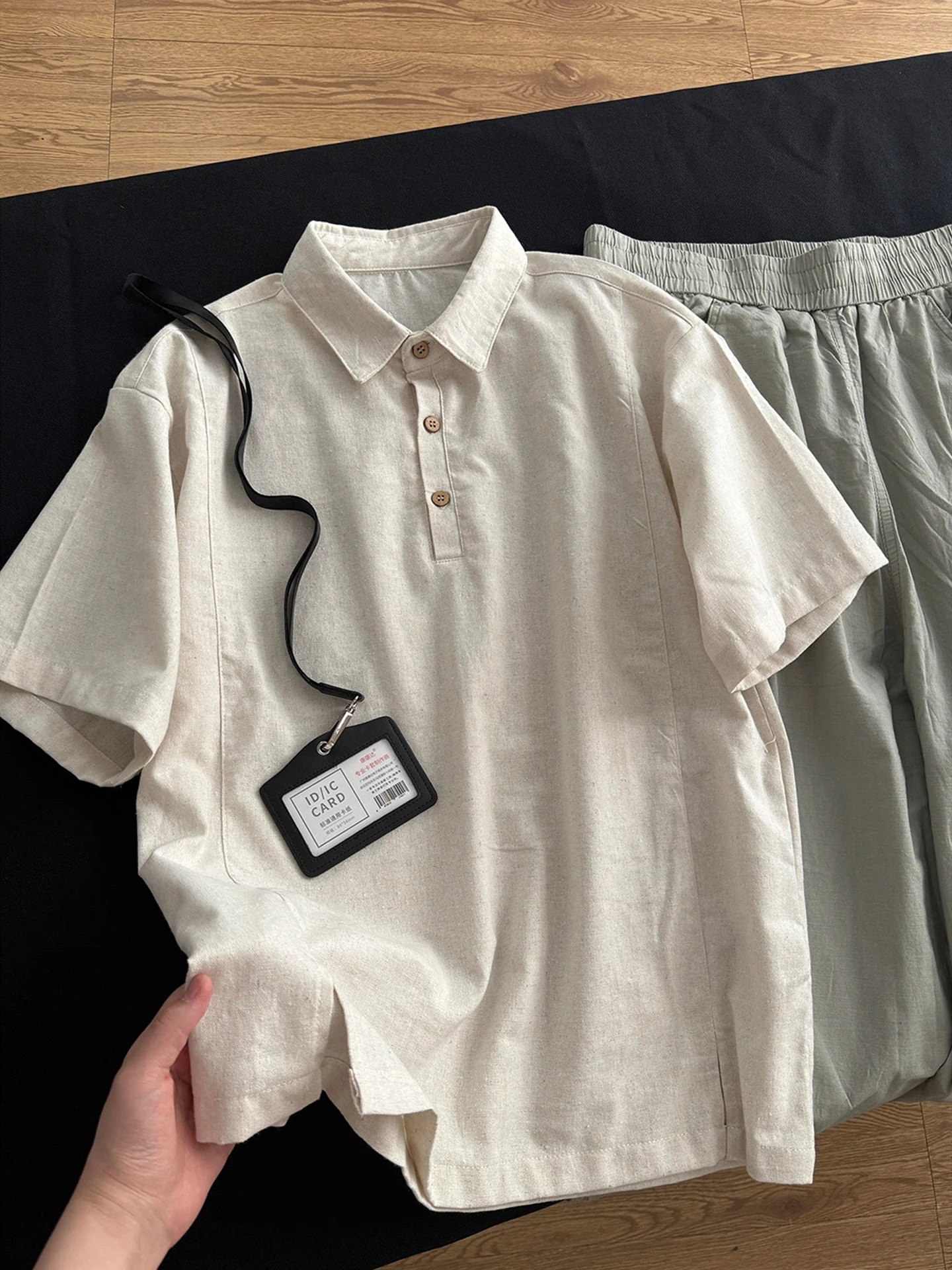 Light Beige Men's Linen Short Sleeve  Shirt Deconstructed Patchwork Shoulder T-Shirt Summer CleanFit Anti-Wrinkle Fashion