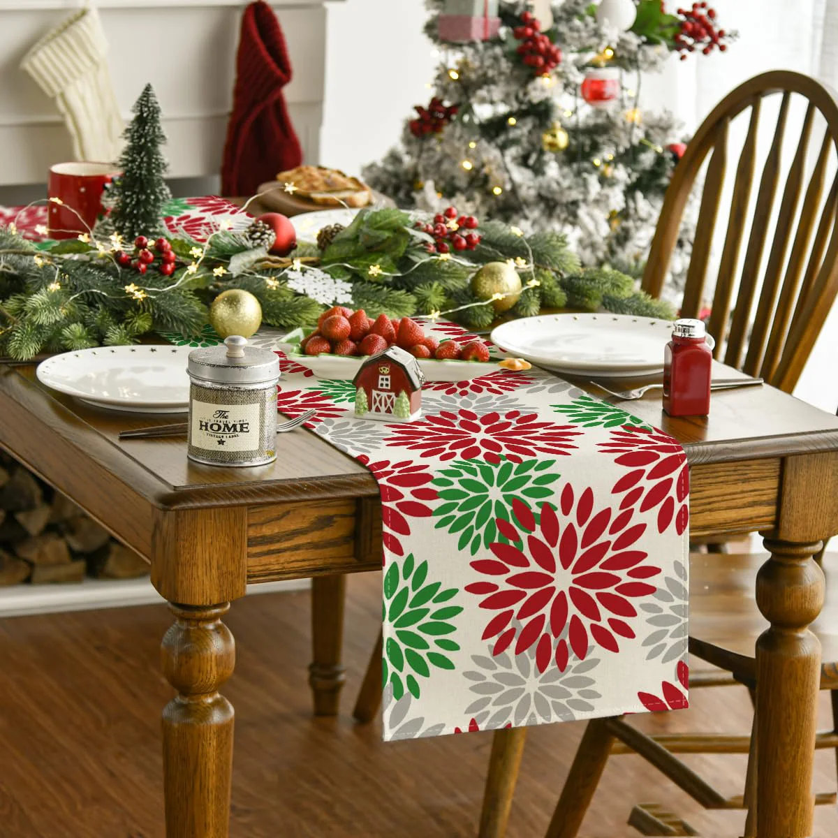 Dahlia Floral Boho Christmas Table Runner, Seasonal Kitchen Dining Table Decoration for Home Party Decor