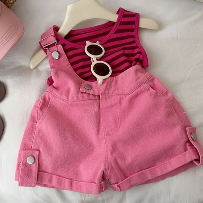 Girls' Denim Suspender Set 2023 New Children'S Baby Summer Striped Vest+Suspender Shorts Baby Kids Fashion Two-Piece Clothes Set