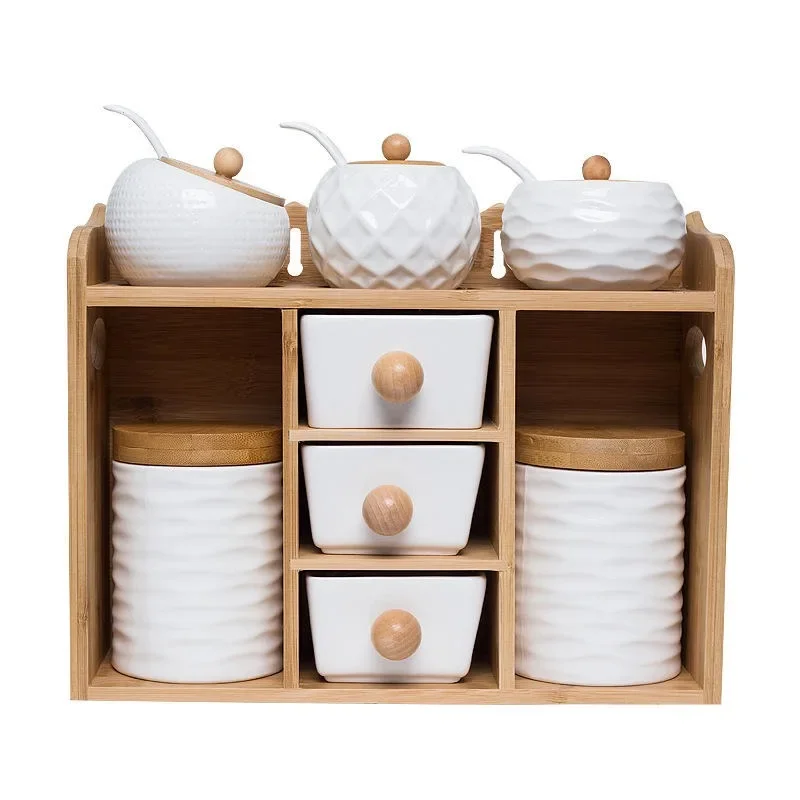 Wholesale Customized 8PCS Bulk Seasoning Bottle Organizer White Ceramic Herbs Spice Jar Set with Lid and Storage Rack