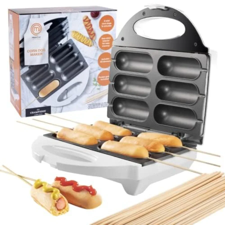 Máquina para Hacer Corn Dogs MasterChef con 50 Brochetas - Horno Eléctrico Antiadherente y Guía de Recetas - Freidora para Hot Dogs con Queso