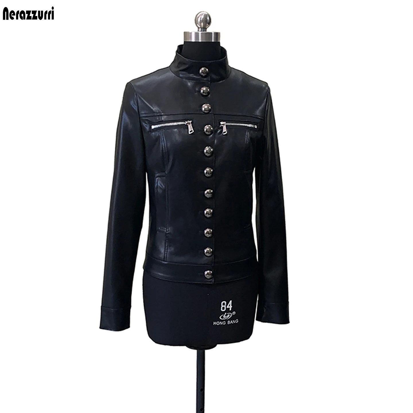 Nerazzurri Autumn Black Short Fitted Soft Pu Leather for Women Long Sleeve Single Breasted Slim Fit Chic Button Up Clothes 2026