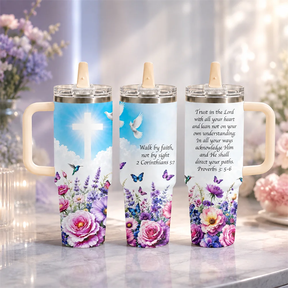 Floral Christian Bible Verse Vacuum Flasks 40oz Thermal Tumbler with Handle Stainless Steel Insulated Water Portable Mug Cup
