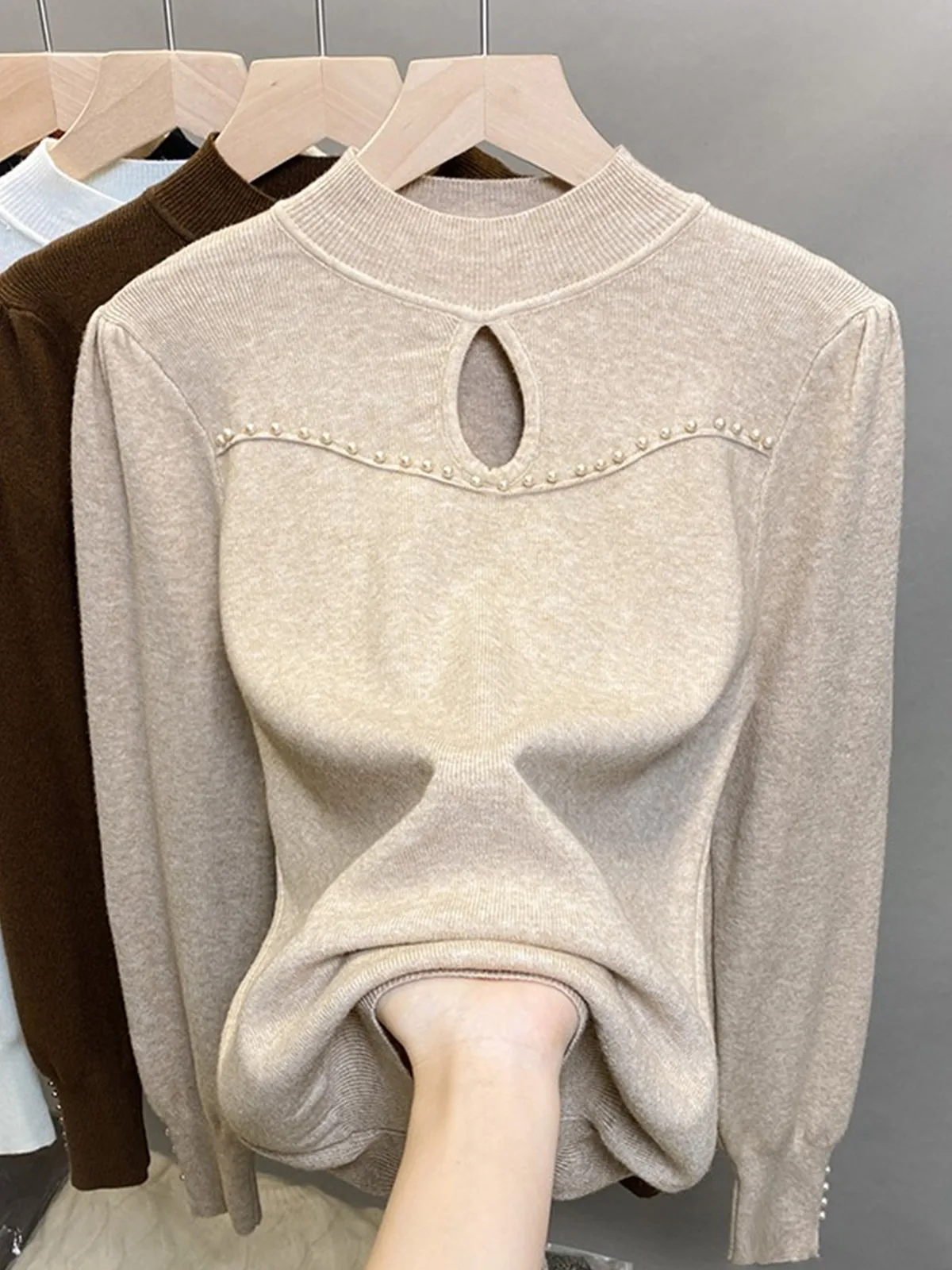 plus Size Women's Knitted Sweater High Collar Hollow out Design Base Layer Trendy Bead Embellied Autumn Winter Faion