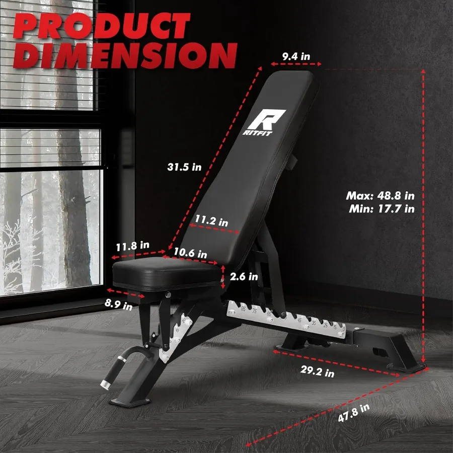 مقعد وزن قابل للتعديل مع أوضاع خلفية متعددة لتمارين الجسم بالكامل، انخفاض الانحدار والإعدادات المسطحة لصالة الألعاب الرياضية المنزلية