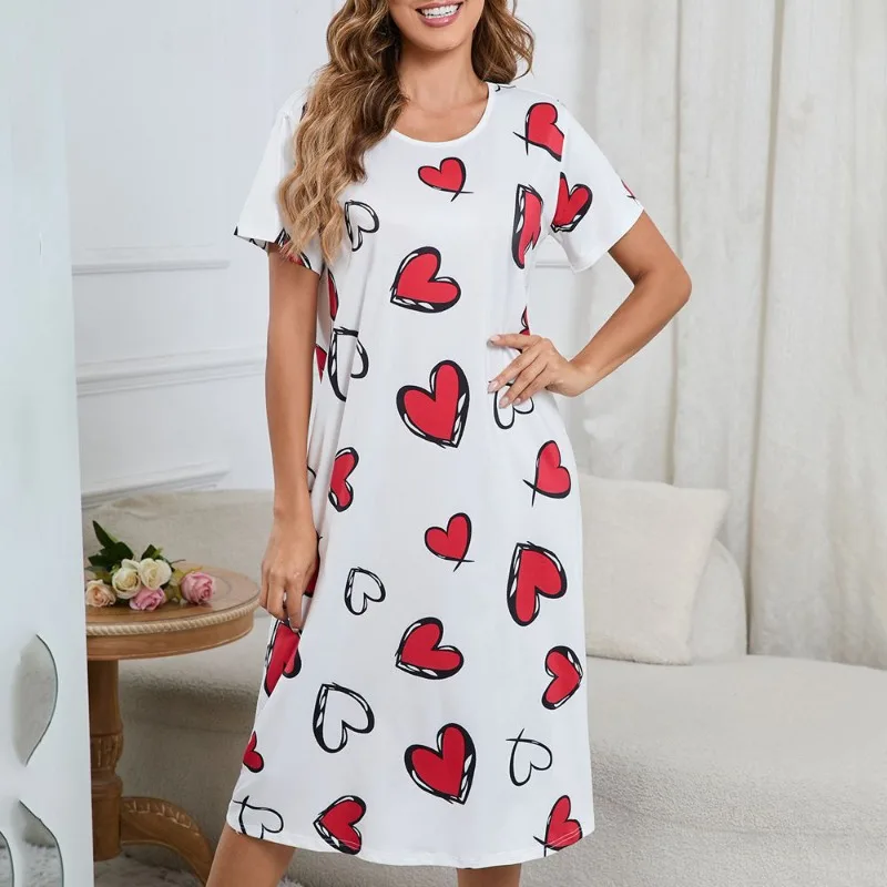 

Fashion Love Heart Digital Printed Short-sleeved Sleeping Skirt Simple Style Loose Round Neck Casual Home Dress Sleepwear Women